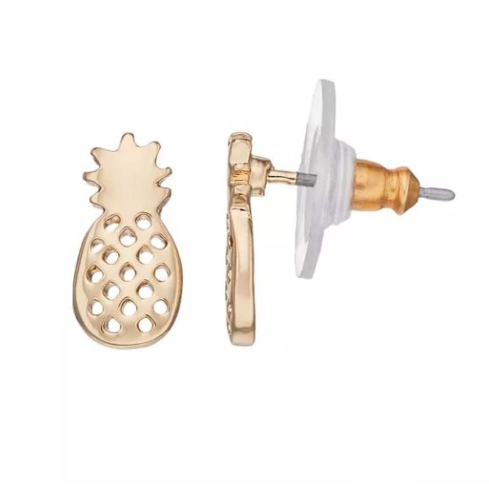 LC Nickel Free Gold Pineapple Stud Earrings
